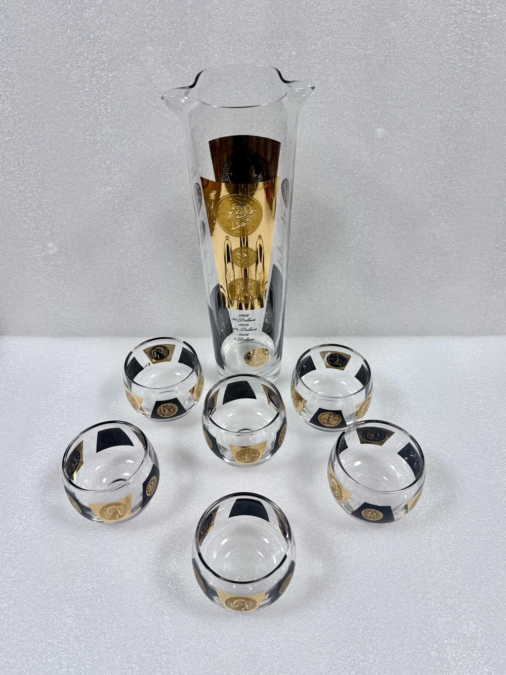 Vintage MCM Cera black gold coin double martini pitcher and glasses barware